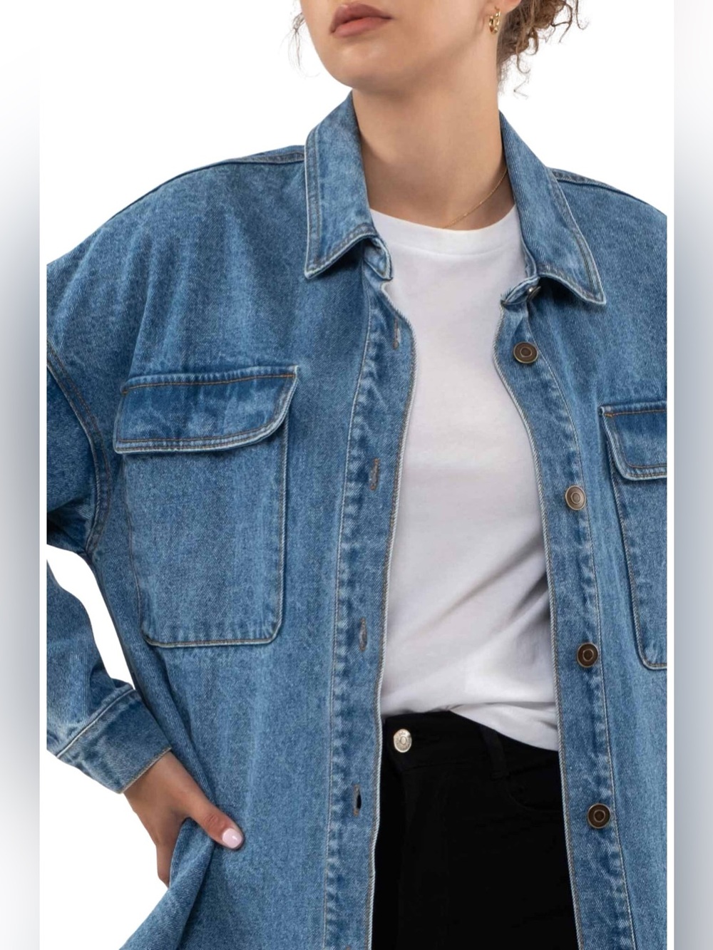 LIKE NEW Blu Pepper Denim Shacket Oversized Jean Jacket Medium Wash Blue Small - Picture 2 of 11